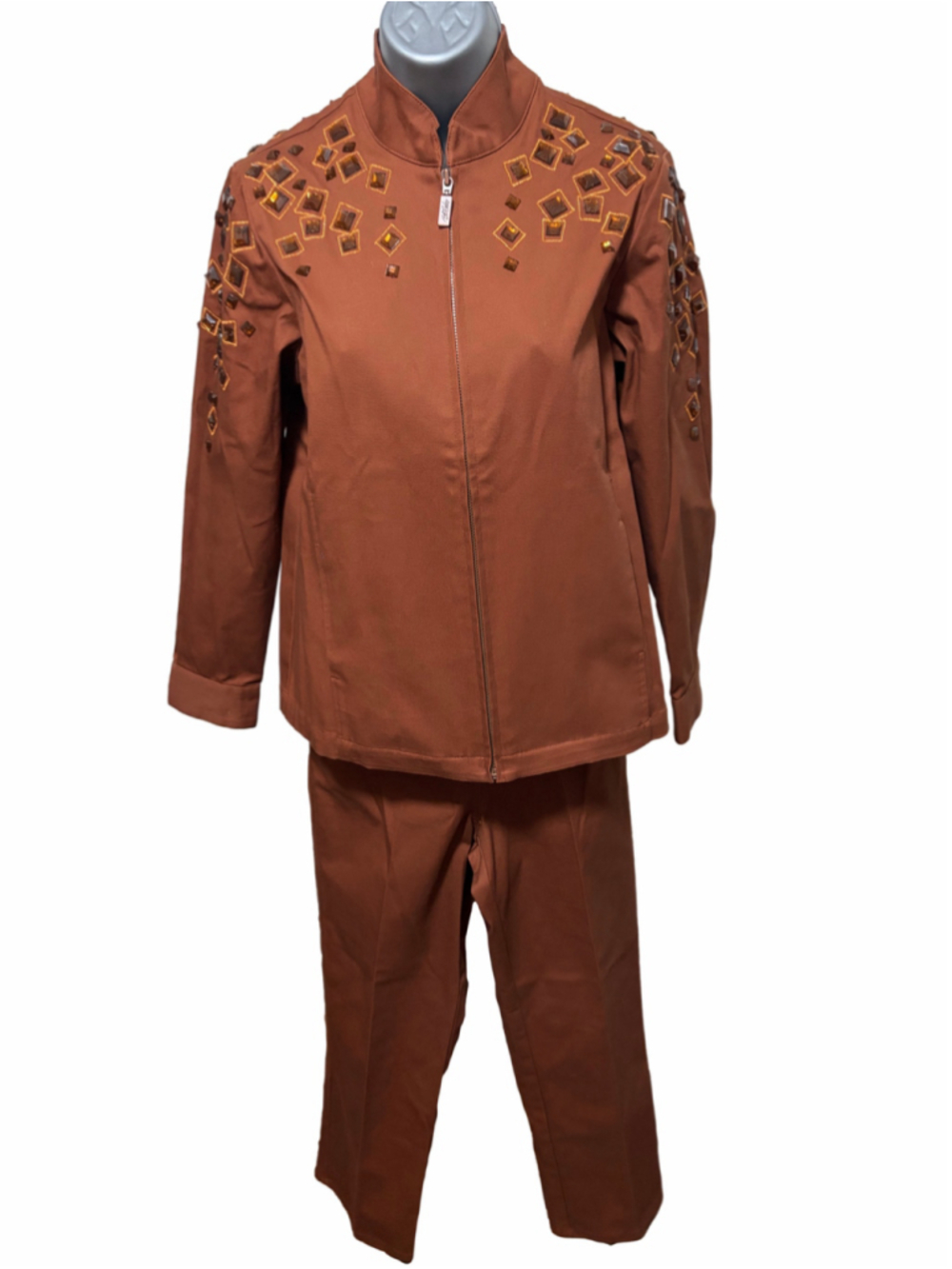 NWT Bob Mackie Wearable Art Rust Brown Jeweled Zip Jacket & Pants Set Size XS
